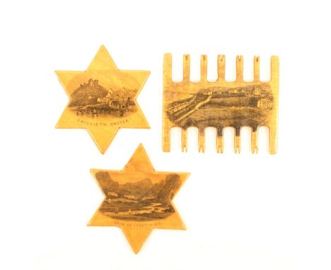 Mauchline ware – sewing – three pieces comprising a comb form silk winder (Penmaen – Bach From The Hotel Penmaenmawr) 5.1cm, 