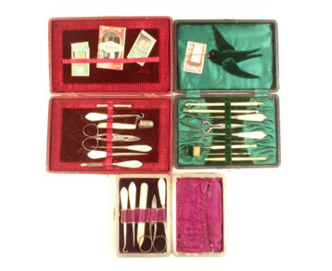 Three late 19th Century small format sewing companions all rectangular in leather or leatherette, one of purse form, all with