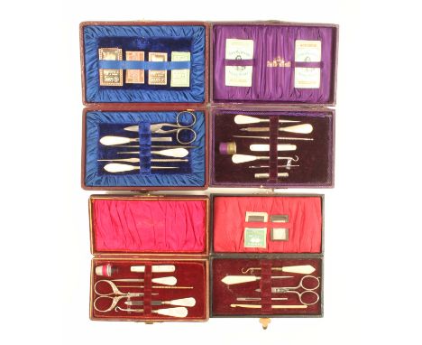 Four late 19th Century small format sewing companions all of rectangular form in leatherette, each with a selection of tools,