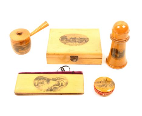 Mauchline ware – sewing – five pieces comprising a large format needle packet book, internal gold numerals, (Llangollen From 