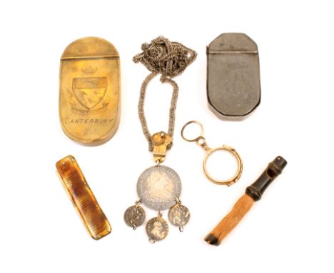 A mixed lot comprising a Spanish silver coin dated 1789 with three further silver coins on a gilt mount and silver chain, a m