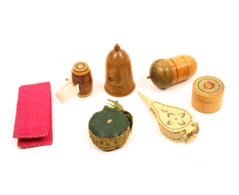 A group of early 19th Century painted Tunbridge ware sewing accessories and other pieces, comprising two thimble cases each w