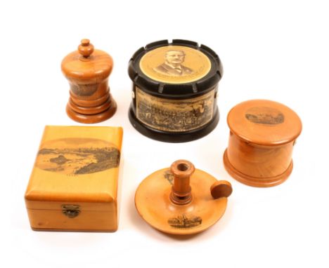Mauchline ware – five pieces – comprising a scarce black ground reel box (General Gordon killed 1885/Metammeh) crenellated ri