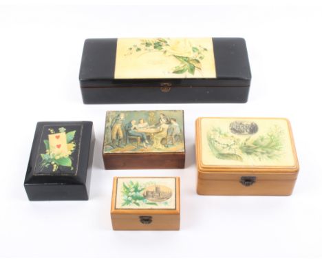 Five Mauchline ware boxes in alternative finishes, comprising a rectangular glove box (flowers/verse) with gloves and button 