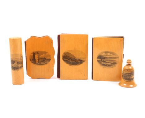 Mauchline ware – sewing – five pieces comprising a cylinder crochet case (Gwrych Castle, North Wales) 9cm, a bell form tape m