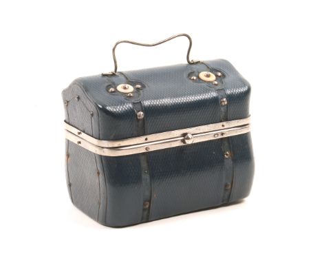 A French sewing companion in the form of a blue diced leather travelling trunk, mother of pearl bosses, steel mounts and hand