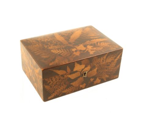 A late 19th Century Fern ware rectangular sewing box, cushion lid, purple silk lined interior, 20 x 10 x 14cm deep.
