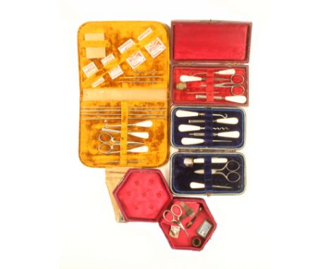Four late 19th Century small format sewing companions comprising a small hexagonal plum coloured plush example for a child, a