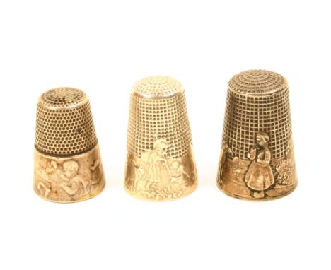 Two French Fable thimbles and another, Little Red Riding Hood, size 9, France, re-issue, The Wolf Who Became A Shepherd, and 