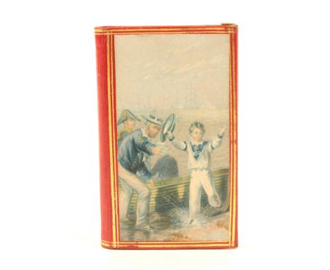 A red leather needle packet book, the cover with colour print ‘Prince of Wales’ the reverse with stag hunting at Windsor, sli