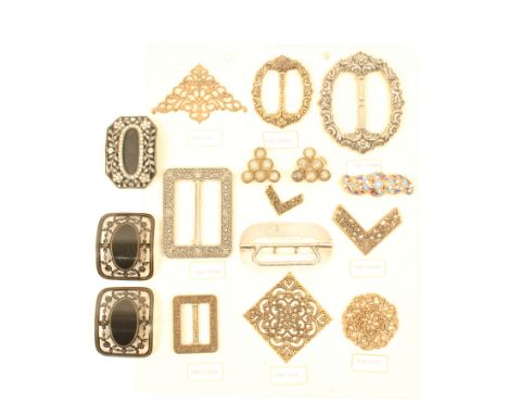 Six buckles and a sample card of buckles, comprising a plain oval silver buckle, Birmingham, 1845, by CC, 7cm., a pair of 20t