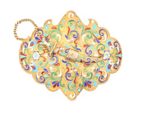A Russian silver gilt and cloissone enamel two piece buckle of shaped outline, dagger clasp on chain, St Petersburgh, 1910, 7