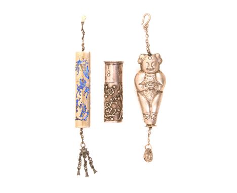 Three Chinese white metal needlecases, comprising a female figural example, 15cm, a rectangular example decorated in blue ena