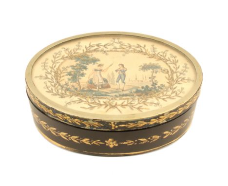 A 19th Century oval box, the lower section in blue glass with star cut base, the sides with gilded lines and leaf borders, th