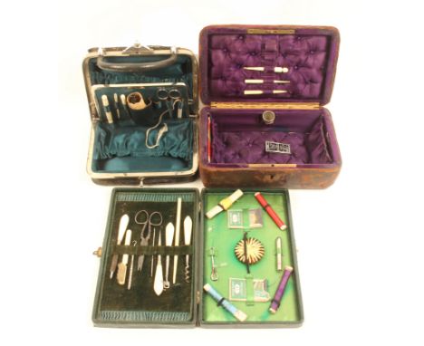 Three late 19th Century small format sewing companions comprising a worn purple leather example with engraved brass mount to 