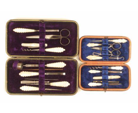 Two late 19th Century small format sewing companions comprising a brown leather ribbed and tooled example, rectangular with c