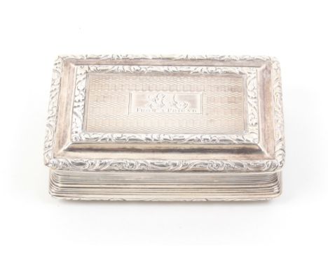 A George IV rectangular silver snuffbox with hinged cover, engine turned, engraved initials ‘GA From A Friend’ chased borders