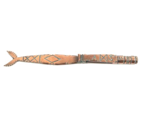 A copper ship metal knitting stick with file work decoration, fish tail terminal, initialled ‘AS’, 15cm.