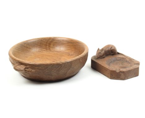 A ‘Mouseman’ Thompson oak bowl and an oak ash tray, the circular bowl with adzed exterior carved with a mouse, 16cm dia, the 