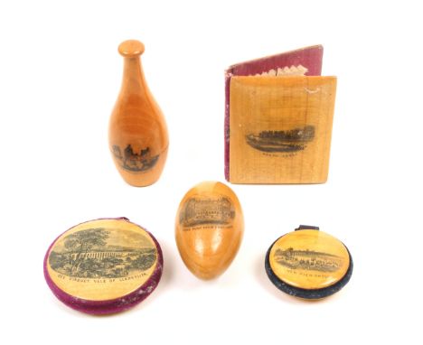 Mauchline ware – sewing – five pieces comprising a circular pin cushion (Dee Viaduct, Vale of Llangollen) 5cm, a needlebook (