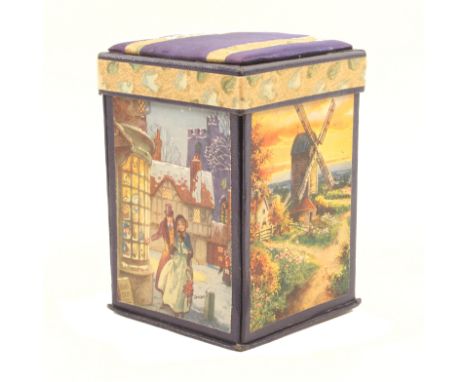 A falling side needle packet sewing companion the sides with floral and landscape prints below a pin cushion top, the interio