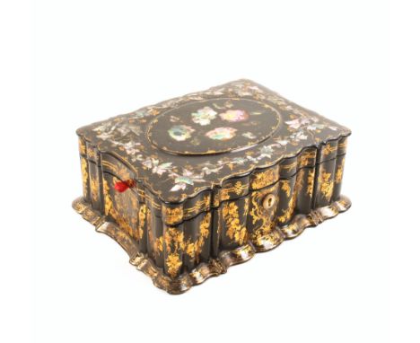 A well fitted Victorian papier mache sewing box of rectangular form the fluted sides and top decorated with inset mother of p