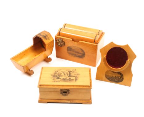 Mauchline ware – four pieces comprising a double book form playing card case (Royal Hotel And Weir, Llangollen) four leaf clo