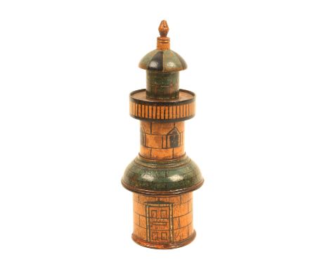 A rare early 19th Century painted Tunbridge ware writing case in the form of a lighthouse painted with door, windows and bric