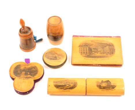 Mauchline ware – sewing – six pieces comprising an oval section crochet case (Llandudno/St. Tudno’s Church) 10.2cm, a circula