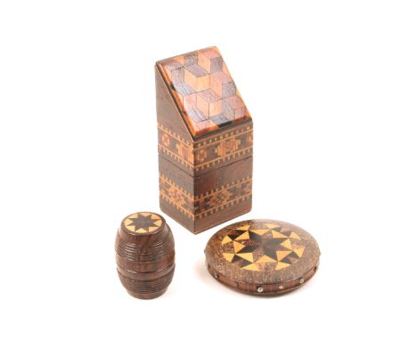 Tunbridge ware – sewing – three pieces comprising a rosewood slant top needle packet box with two bands of geometric mosaic b