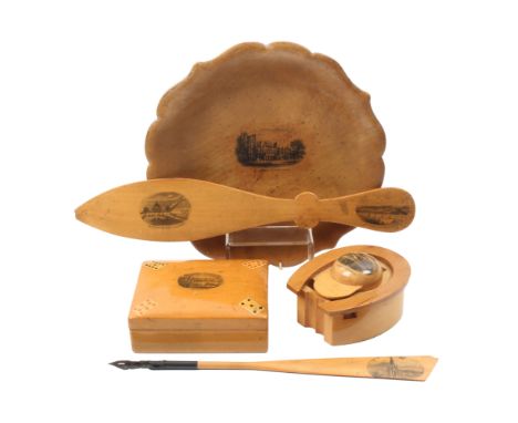 Mauchline ware – five pieces, comprising a rectangular playing card box (Ventnor IW/with corner playing cards), 11cm, a jocke