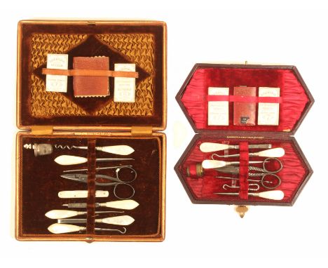 Two late 19th Century small format sewing companions comprising an elongated hexagonal example, in maroon leatherette with su