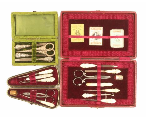 Three late 19th Century small format sewing companions, comprising a green plush covered rectangular example with four silver