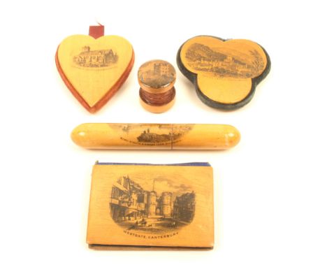 Mauchline ware – sewing – five pieces comprising a needlebook (Westgate, Canterbury) 6.5cm, a heart shaped pin cushion (Llanr