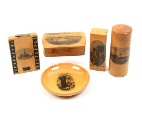 Mauchline ware – five pieces, comprising a puzzle box vesta (Mauchline From Mauchline Hill/He’ll Have Misfortunes…) 7cm, a ci
