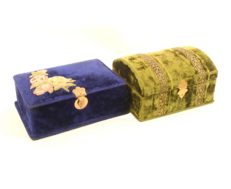 Two late 19th Century small format sewing companions comprising a green plush dome top example with pierced gilt bands, with 
