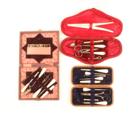 Three late 19th Century small format sewing companions comprising a ribbed brown leather example, another in purple leatheret