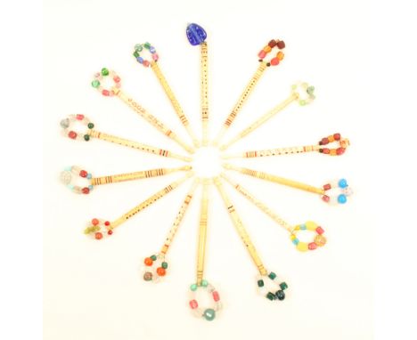 Fourteen 19th Century bone lace bobbins line inscribed on love and marriage comprising: Kiss Me Quick/Love Buy The Ring/Love 