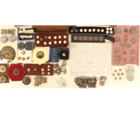 A selection of buttons including a card of cut steel, a card of Dorset buttons, 1993, a Satsuma button, set of six gilt borde