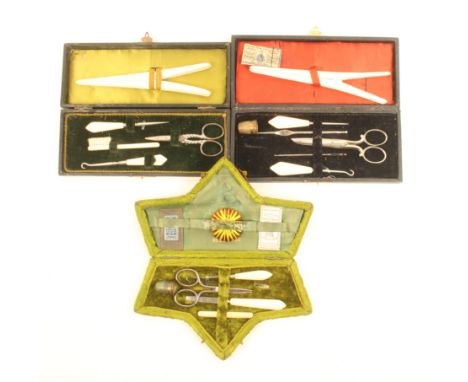 Three late 19th Century small format sewing companions comprising a green plush example of semi-star form, and two rectangula