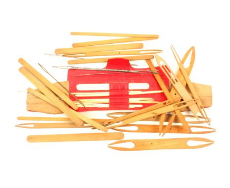 Netting: a Georgian red leather cased netting set with bone needles and gauges, 20.5cm, a collection of boxwood and other woo