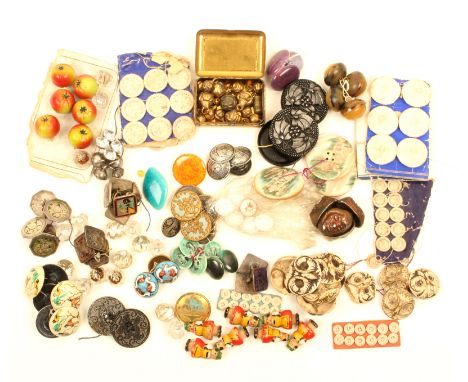 A collection of buttons including apple form and figural wooden, Ruskin style, metal owl heads, Dorset, porcelain and enamel,