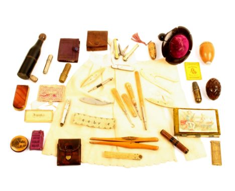 A mixed lot – sewing – including an ivory box ‘Aiguilles’, sd. 6cm, an ivory folding rule, two mother of pearl knives, a coqu