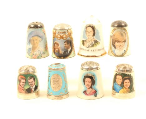 Six silver and enamel recent Royal commemorative thimbles, by James Swann and Son, another in silver and enamel and a ceramic