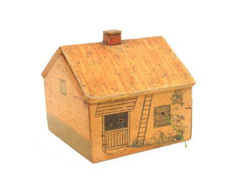 An early 19th Century painted Tunbridge ware reel box in the form of a cottage, single storey, the front painted with stable 