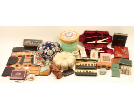 A large mixed lot – sewing –including mending sets, two large format pin cushions, crochet and button hooks, two ceramic Dewh