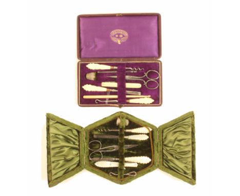 Two late 19th Century small format sewing companions, comprising a maroon leather rectangular example initialled ‘BA’ with bo