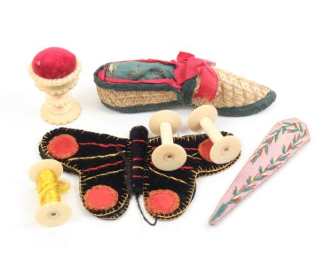 A mixed lot – sewing , comprising a Regency silk and straw work shoe form pin cushion, 10.5cm, an embroidered silk scissor sh