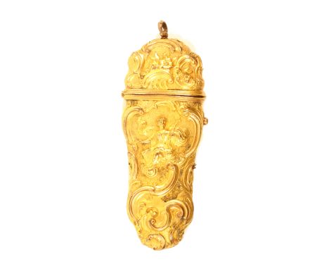 A late 18th Century gilded etui decorated with fruit, flowers, leaf scrolls and female figures, axe head handle, all internal