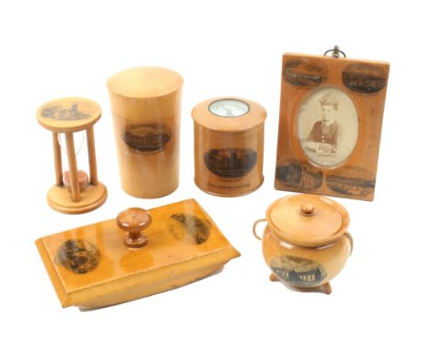 Mauchline ware – six pieces, comprising a large tumbler case (Les Ecuries, Chantilly) with fern etched  glass, 10.5cm, a dome